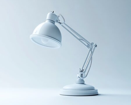 Modern white desk lamp illuminating a minimalist workspace with soft shadows and a clean background