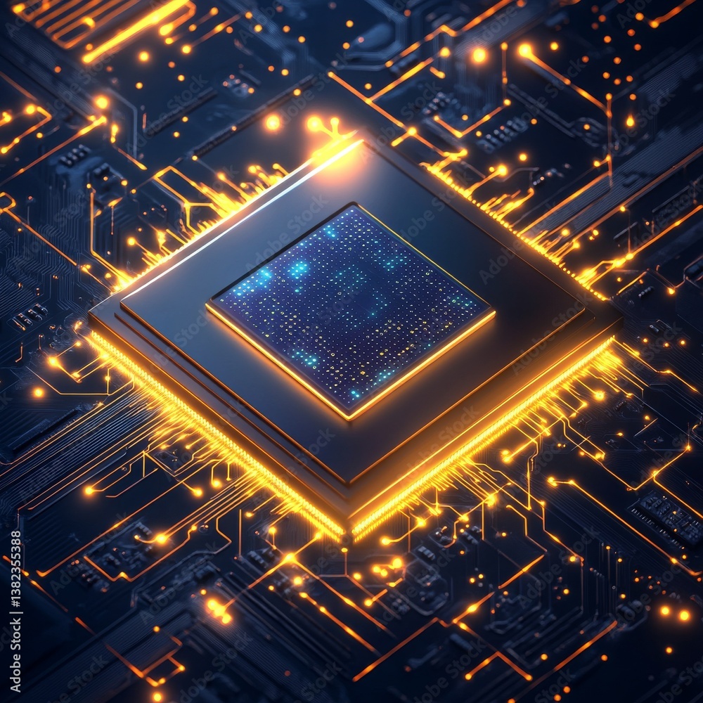 Aufkleber modern cpu: glowing pathways of computation in high-tech chip, a glimpse into the heart of advanced 