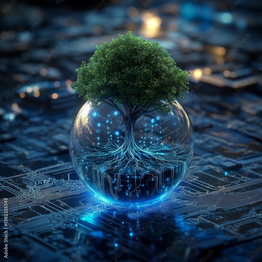 Poster nature integrated: tree in a glass sphere above a complex circuit board, symbolizing technology and 