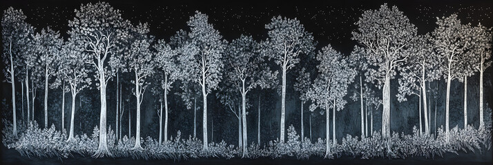 Enchanted Nocturnal Forest: A Serene Woodcut Exploration of Trees Under a Starry Night Sky