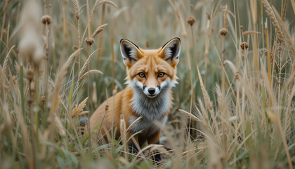 Intrigued Gaze of a Red Fox: A captivating red fox gazes directly at the camera, its alert eyes and striking fur colors contrasting beautifully against the textured backdrop of tall, golden grasses.