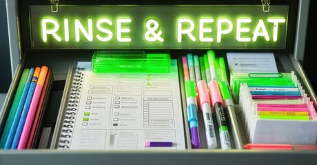 Organized stationery inside drawer. Bright colors, pens, highlighters, sticky notes. Neon sign above reads RINSE REPEAT. Clean workspace, office supplies.