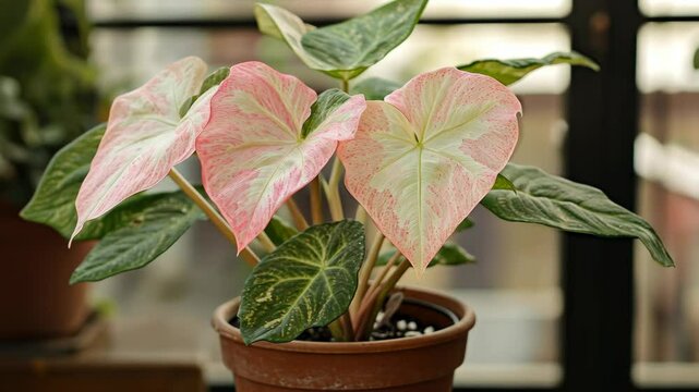 Beautiful potted caladium plant with vibrant pink and green leaves indoors