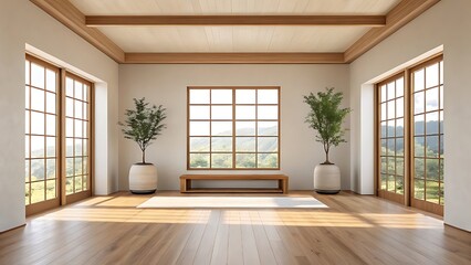 Bright, minimalist room with wooden elements, large windows, and potted plants creating a peaceful vibe.