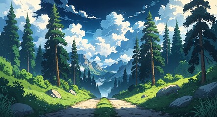 A mountain trail lined with tall trees and dramatic cloud cover above anime cartoon style illustration artwork design background