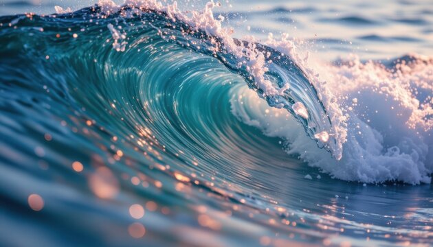 A translucent ocean wave, captured mid crash with reflective sparkles and soft pastel tones, evoking a sense of movement and calm.