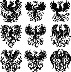 Phoenix Bird Silhouette | Legendary Rebirth and Flame Bird Illustration Phoenix Bird Silhouette | Mythical Firebird and Fantasy Creature Vector