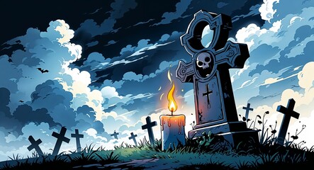 A spooky grave with a candle burning beside it and dark clouds in the sky anime cartoon style illustration artwork design background