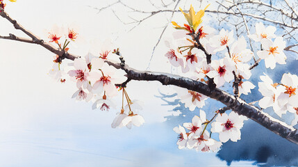 Obraz premium Beautiful cherry blossom branch with delicate white flowers and subtle colors, evoking serene and peaceful atmosphere