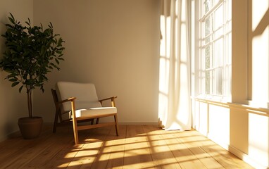 3D rendering of a modern interior design with a wooden floor and white wall mock-up in a living room, a minimalist style home decor with an armchair and a potted plant on the window sill
