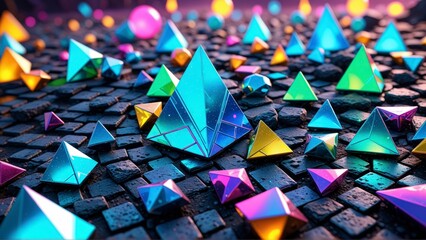 Glowing Geometric Pyramids: Colorful 3D Rendering with Metallic Shapes on Dark Textured Background for Futuristic Designs.