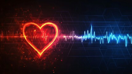 Glowing red heart with heartbeat line transitioning into blue heartbeat line on dark background