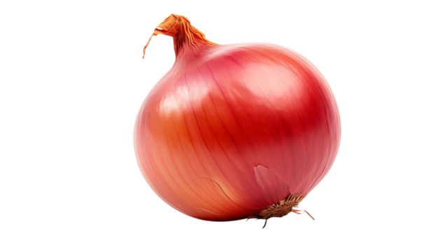 A single red onion, showing its outer layers and stem, isolated against a  plain studio shot on transparent background png