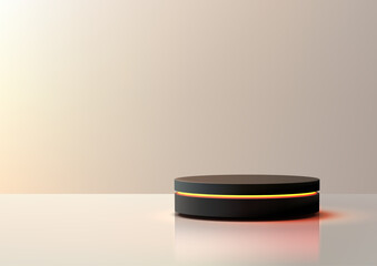 3d sleek black cylindrical podium with yellow light stripe minimalist modern mockup showcase display