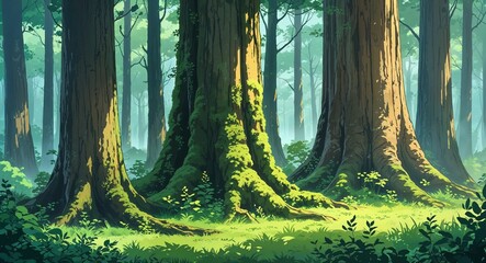 Ancient forest with thick moss covering large tree trunks anime cartoon style illustration artwork design background