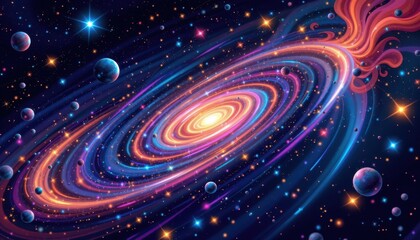 Galaxy in Motion A dynamic illustration showcasing swirling galaxies and star clusters with radiant colors and motion, set against a dark cosmic backdrop.