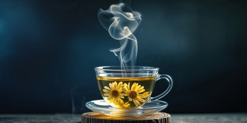 Dark Background Glass Cup of Chamomile Tea on Wooden Coaster