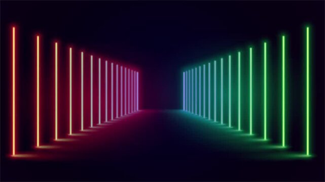 Bright digital technology design featuring a binary code tunnel against a colorful abstract backdrop with rainbow lines