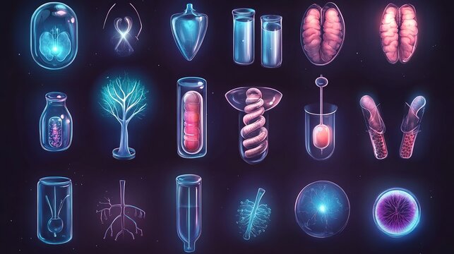 Collection of glowing anatomical and botanical structures in glass containers on dark background
