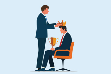 job promotion concept, manager putting crown on businessman head , business victory, winner trophy success , vector cartoon