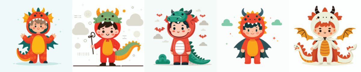a set of vectors of boys wearing dragon costumes