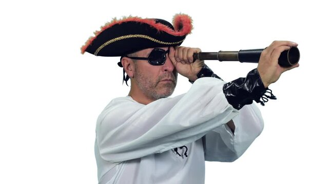 Cinematic style of rugged pirate captain with an eye patch looking through spyglass, Full HD footage with alpha transparency channel isolated on white background