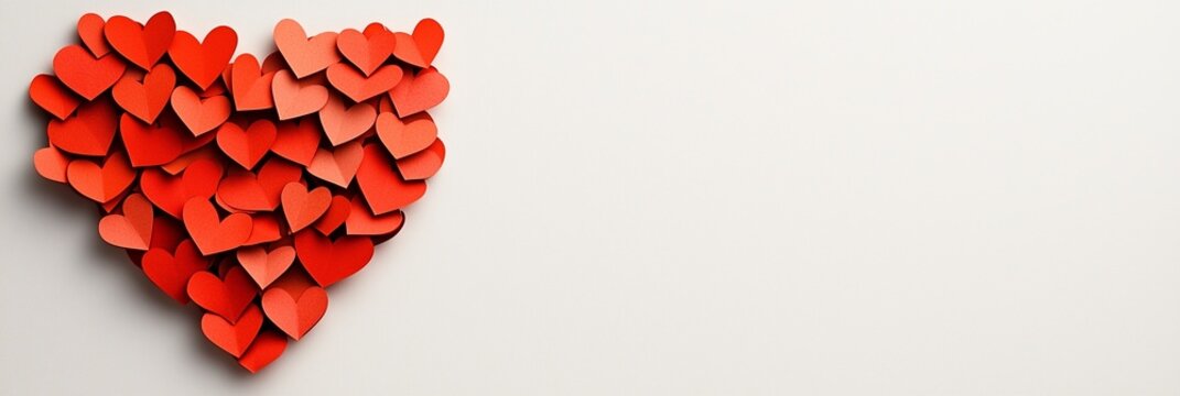 A heart shaped arrangement of layered red paper hearts on a white background