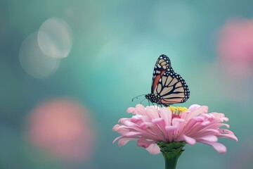 Naklejka premium Close up view of a monarch butterfly feeding on a pink zinnia in a colorful summer garden scene