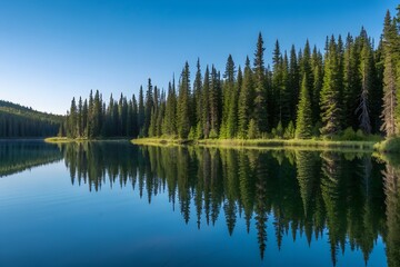 Fototapeta premium calm forest lake with smooth water reflecting tall evergreen trees under clear blue sky in peaceful landscape 