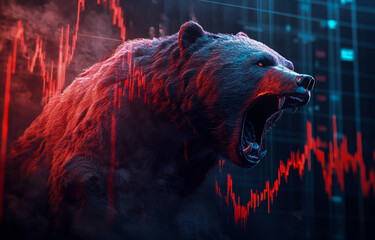 A roaring bear represents a market downturn, placed against the backdrop of bright stock candlestick charts,