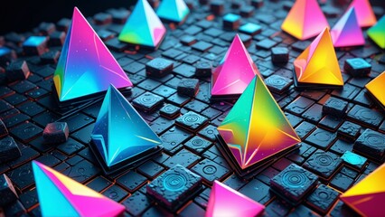 Glowing Geometric Pyramids: Colorful 3D Rendering with Metallic Shapes on Dark Textured Background for Futuristic Designs.