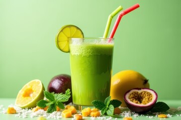 Fototapeta premium Tropical Smoothie with Passionfruit and Green Leaves