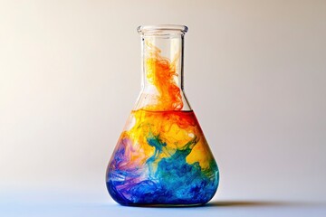 Colorful ink swirling in a glass flask, creating vibrant patterns against a soft gradient background