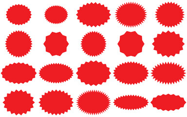 Starburst sale price stickers and labels, star and rosette, sunburst, callout and splash,
 stamp and tag badges. Isolated vector circle and oval red stickers