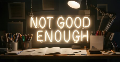 Workspace with open book, pens, pencils. Bright neon sign reads NOT GOOD ENOUGH. Dim lighting creates dramatic mood. Creative struggle evident.