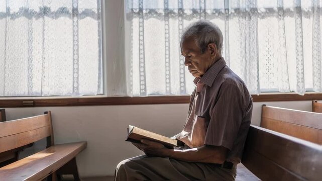 Elderly parishioner sitting on a wooden bench near a window in church, holding and reading the bible, finding comfort and guidance in faith while surrounded by serene light