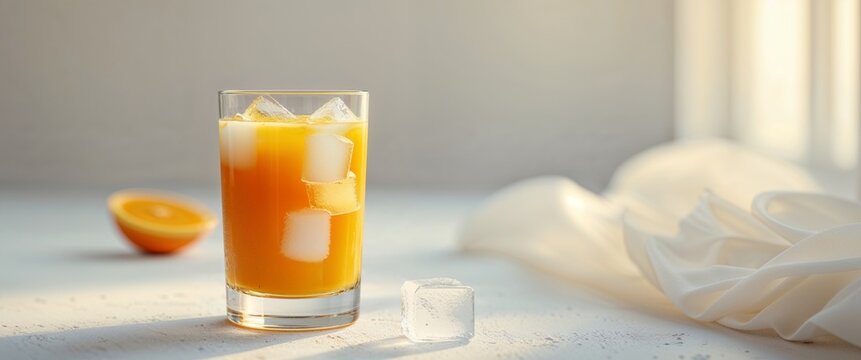 Glass of fresh orange and carrot juice with ice and a refreshing look.