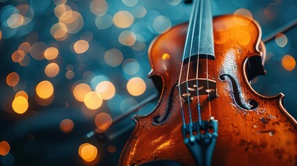 A close-up of a violin with bokeh lights in the background, evoking musical artistry.