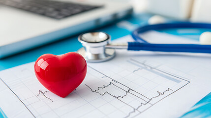 red heart symbolizing health rests on medical chart, alongside stethoscope and laptop, conveying sense of care and wellness