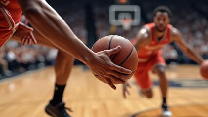 Close-up of a thrilling basketball game featuring two players in action, one holding the ball while another reaches for it, set against a blurred stadium crowd and hoop in the background.