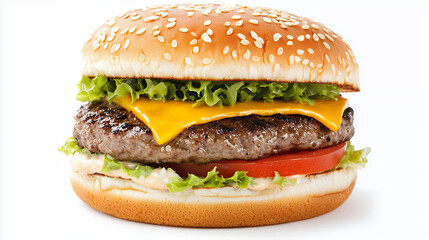 Delicious cheeseburger with sesame seed bun, fresh lettuce, tomato, and melted cheese, perfect for satisfying meal