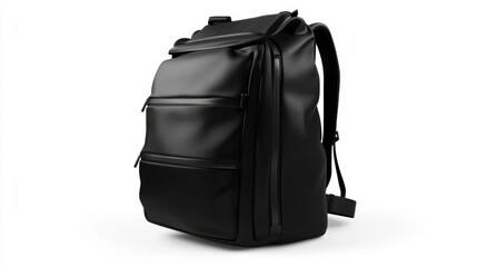 Naklejka premium Stylish black backpack designed for everyday use, featuring multiple pockets and a sleek appearance suitable for urban environments, isolated on white background