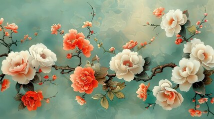 A serene floral design featuring vibrant roses and blossoms against a soft blue background.