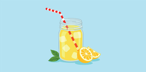 mason jar filled with refreshing lemonade garnished with ice and lemon slices.