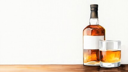 Watercolor Illustration of Whiskey Bottle and Glass on Wooden Surface with Simple Background