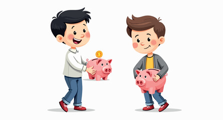 two smiling boys happily interact with pink piggy banks symbolizing savings and financial planning.