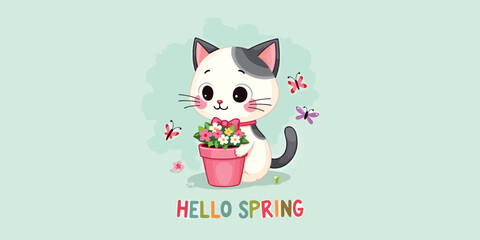 adorable kitten with spring flowers in a pink pot