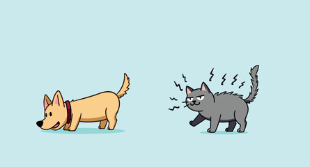 playful cartoon dog and annoyed cat