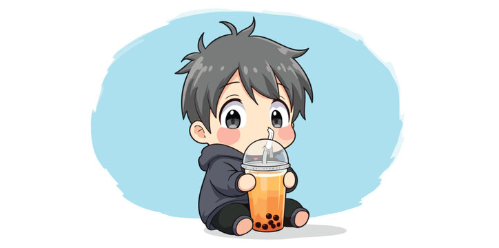 happy chibi boy enjoying a refreshing bubble tea