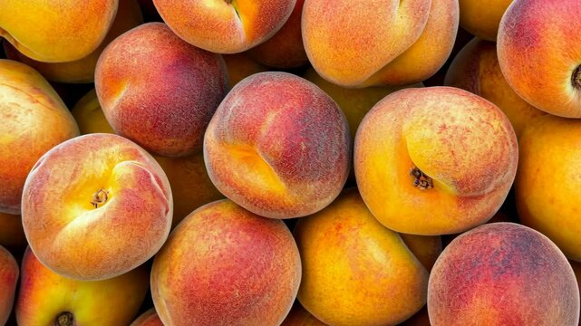 Fresh peaches gathered in a basket at a local farmer's market during summer season showcasing vibrant colors and ripe texture